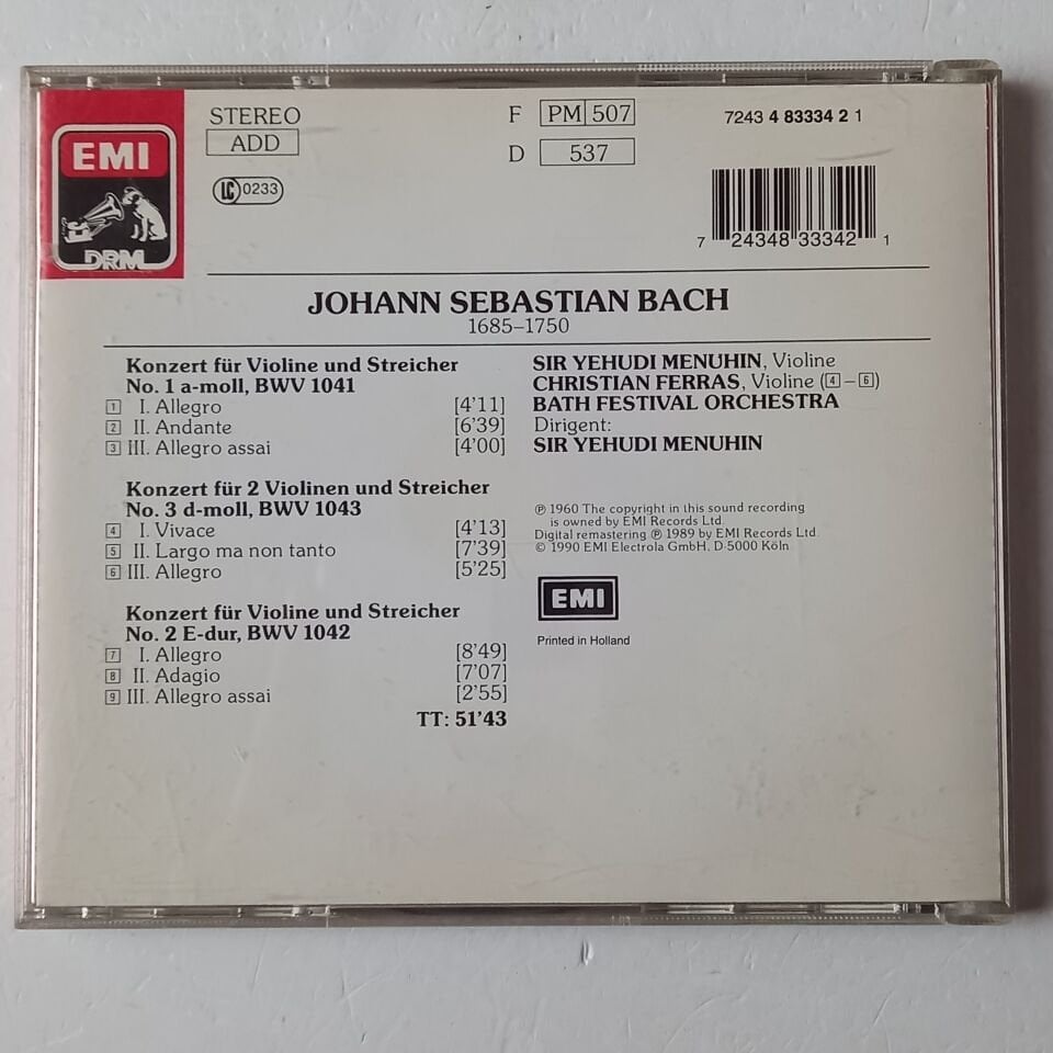 BACH: VIOLINKONZERTE NO. 1-3 - BATH FESTIVAL ORCHESTRA, YEHUDI MENUHIN (1961) - CD REMASTERED 1989 2.EL