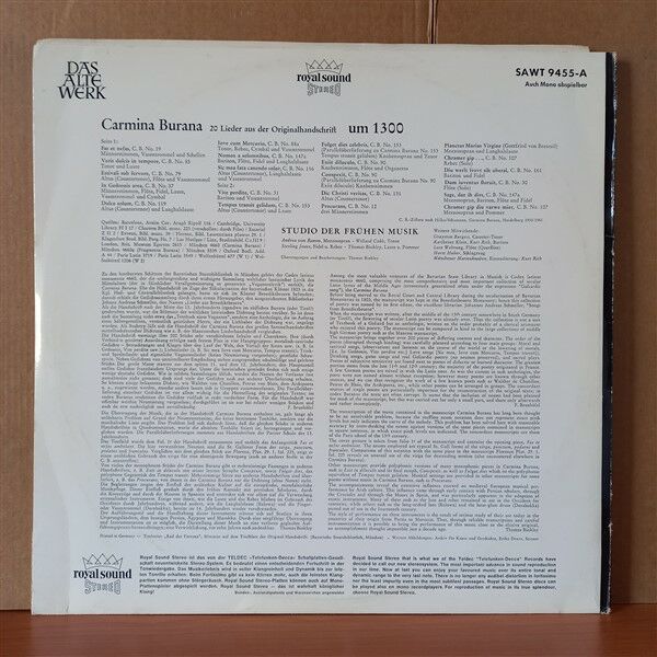 STUDIO DER FRÜHEN MUSIK – CARMINA BURANA [AUS DER ORIGINAL-HANDSCHRIFT UM 1300] - LP 2.EL PLAK