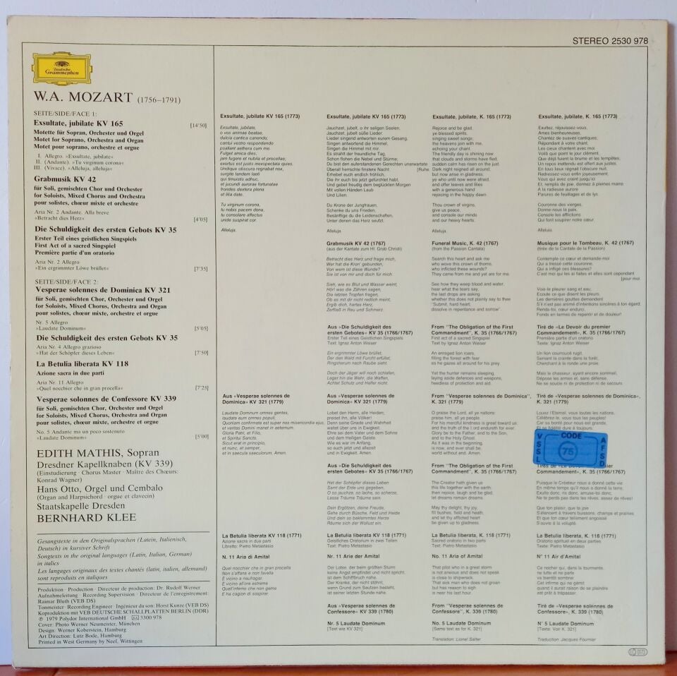 MOZART, EDITH MATHIS, STAATSKAPELLE DRESDEN / BERNHARD KLEE – EXSULTATE, JUBILATE (1979) - LP 2.EL PLAK