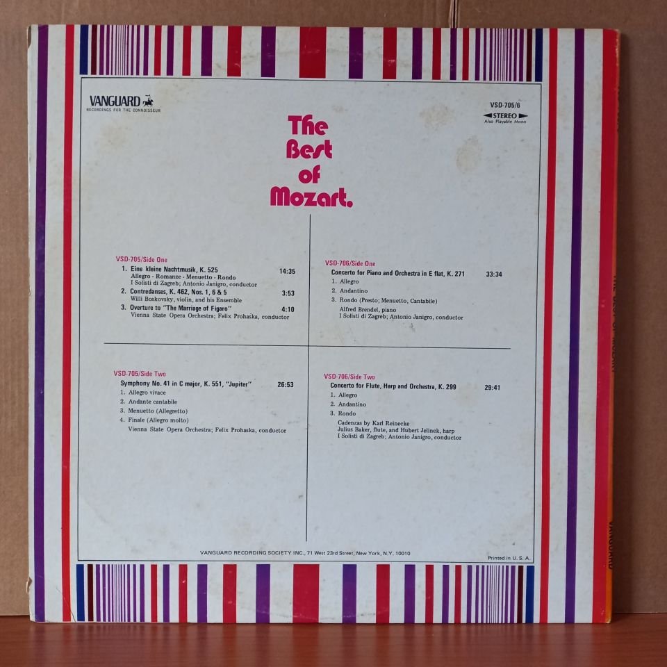 THE BEST OF MOZART / EINE KLEINE NACHTMUSIK / CONTREDANSES, K. 462, NOS. 1, 6 &5 / OVERTURE TO '' THE MARRIAGE OF FIGARO'' / SYMPHONY NO. 41 IN C MAJOR, K. 551, ''JUPITER'' / CONCERTO FOR PIANO AND ORCHESTRA IN E FLAT - 2LP 2.EL PLAK