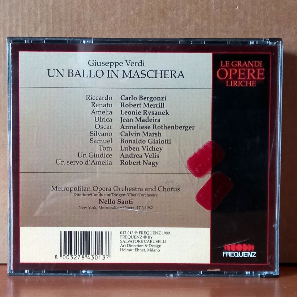 VERDI: UN BALLO IN MASCHERA / CARLO BERGONZI, LEONIE RYSANEK, ROBERT MERRILL, THE METROPOLITAN OPERA ORCHESTRA AND CHORUS, NELLO SANTI (1989) - 2CD 2.EL
