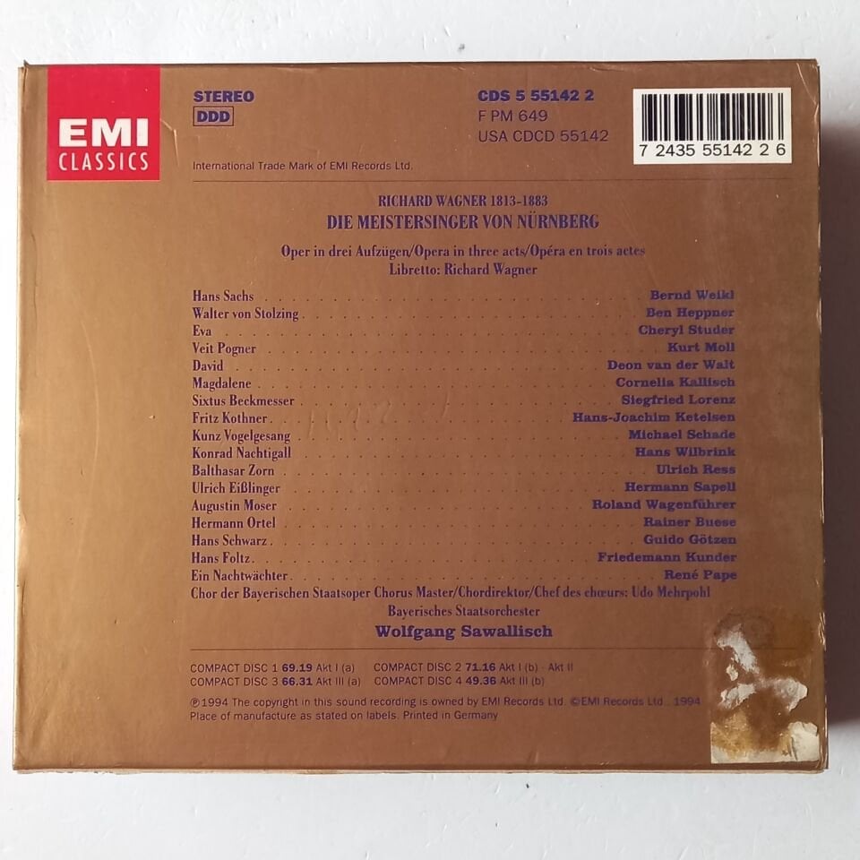WOLFGANG SAWALLISCH – DIE MEISTERSINGER VON NÜRNBERG - RICHARD WAGNER (1994) - 4CD BOX SET SLIPCASE 2.EL