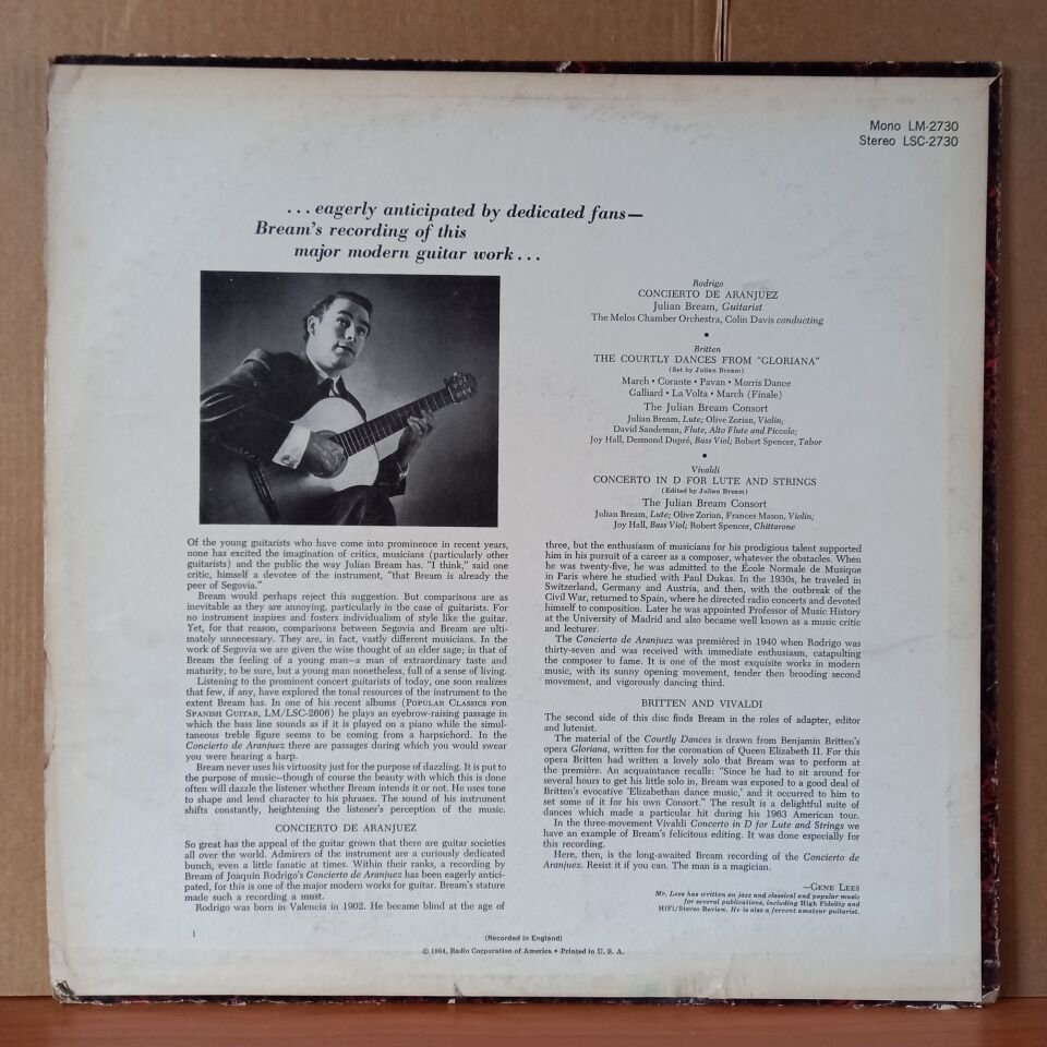 JULIAN BREAM / RODRIGO: CONCIERTO DE ARANJUEZ FOR GUITAR AND ORCHESTRA / VIVALDI: CONCERTO FOR LUTE AND STRINGS / BRITTEN: THE COURTLY DANCES FROM ''GLORIANA'' (1964) - LP 2.EL PLAK