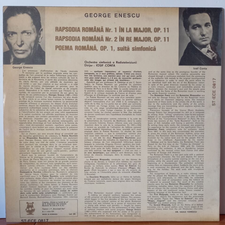 GEORGE ENESCU – IOSIF CONTA, ORCHESTRA SIMFONICA A RADIOTELEVIZIUNII ROMANE – RAPSODIILE ROMANE / POEMA ROMANA (1973) - LP 2.EL PLAK