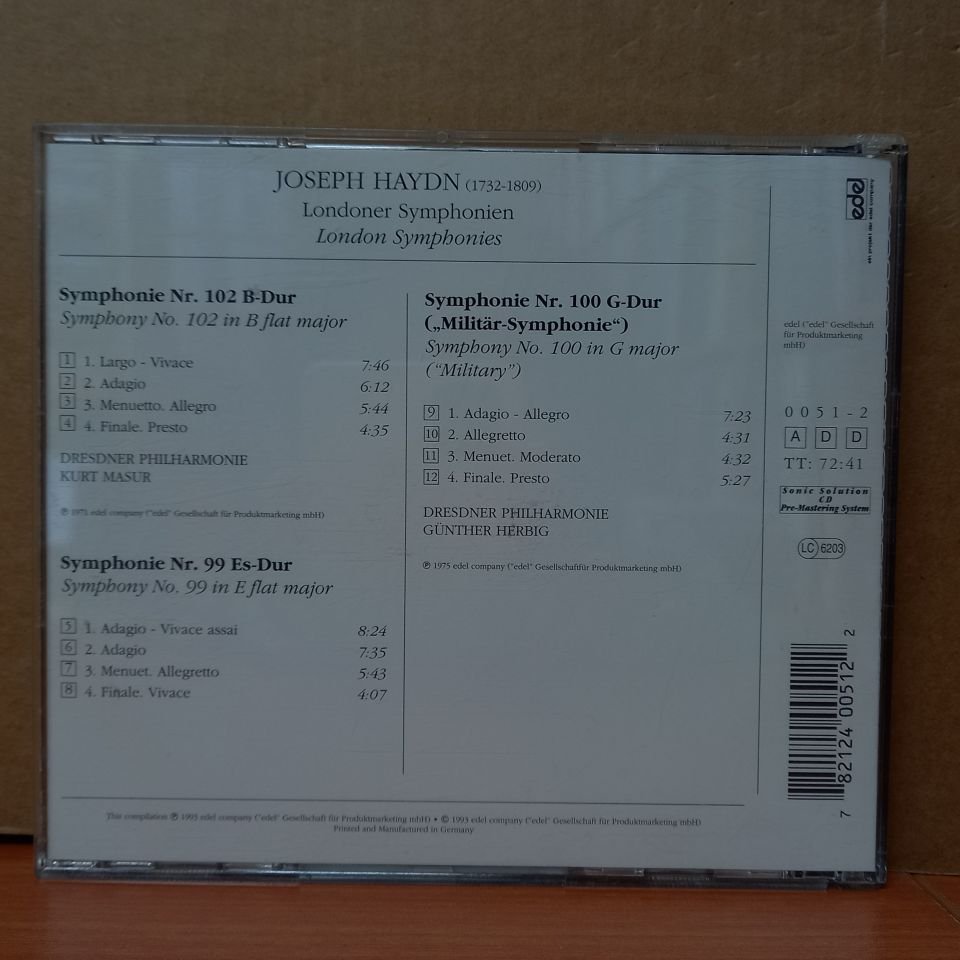HAYDN - LONDONER SYMPHONIEN NR.102 NR.99 NR.100, MILITAR SYMPHONIE / DRESDNER PHILHARMONIE, KURT MASUR, GUNTHER HERBIG (1993) - CD 2.EL