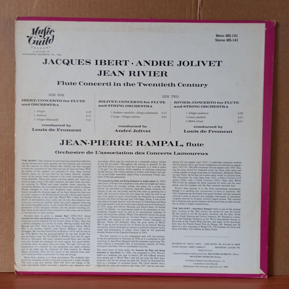 IBERT, JOLIVET, RIVIER / THEIR FLUTE CONCERTI IN THE TWENTIETH CENTURY / JEAN-PIERRE RAMPAL (1964) - LP 2.EL PLAK