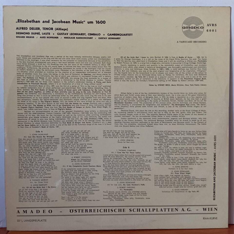 ALFRED DELLER, DESMOND DUPRE, GUSTAV LEONHARDT – ELIZABETHAN AND JACOBEAN MUSIC UM 1600 - LP 2.EL PLAK
