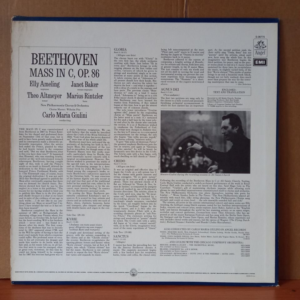 BEETHOVEN: MASS IN C / ELLY AMELING, JANET BAKER, THEO ALTMEYER, MARIUS RINTZLER, NEW PHILHARMONIA CHORUS LONDON, NEW PHILHARMONIA ORCHESTRA LONDON, CARLO MARIA GIULINI (1971) - LP 2.EL PLAK
