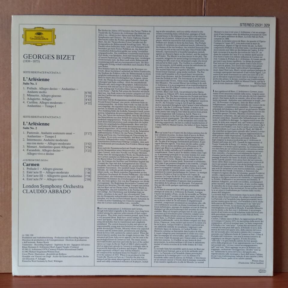 GEORGES BIZET: L' ARLESIENNE-SUITEN 1&2, CARMEN-SUITE / CLAUDIO ABBADO, LONDON SYMPHONY ORCHESTRA (1981) - LP 2.EL PLAK