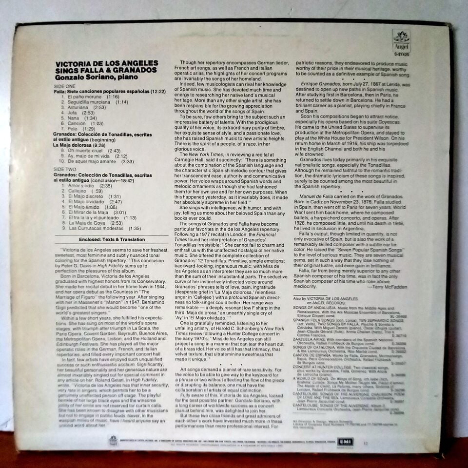 VICTORIA DE LOS ANGELES SINGS FALLA & GRANADOS / GONZALO SORIANO (1977) - LP 2.EL PLAK