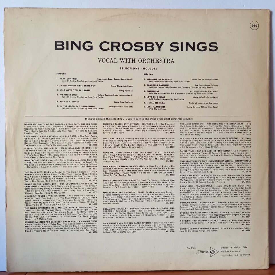 BING CROSBY – BING CROSBY SINGS [VOCAL WITH ORCHESTRA] (1984) - LP YERLİ BASKI 2.EL PLAK