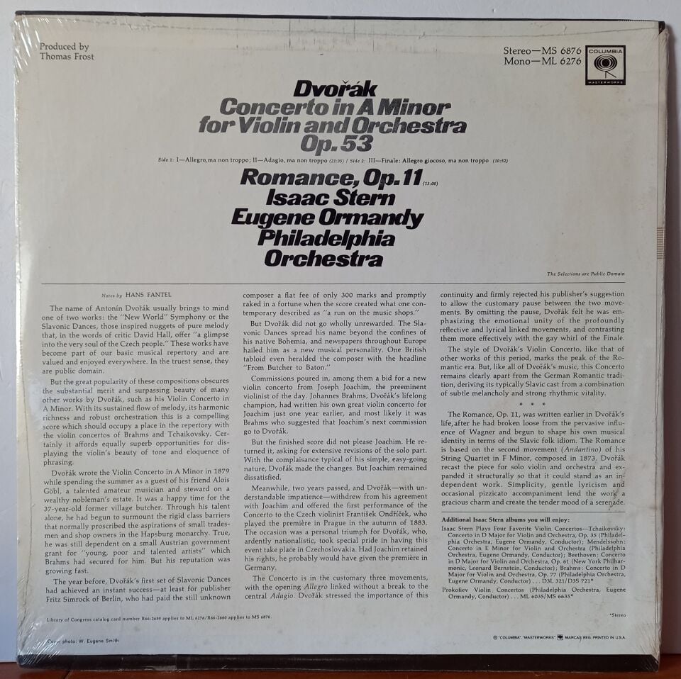 DVORAK - ISAAC STERN, EUGENE ORMANDY, PHILADELPHIA ORCHESTRA – VIOLIN CONCERTO / ROMANCE FOR VIOLIN AND ORCHESTRA (1966) - LP DÖNEM BASKI SIFIR PLAK
