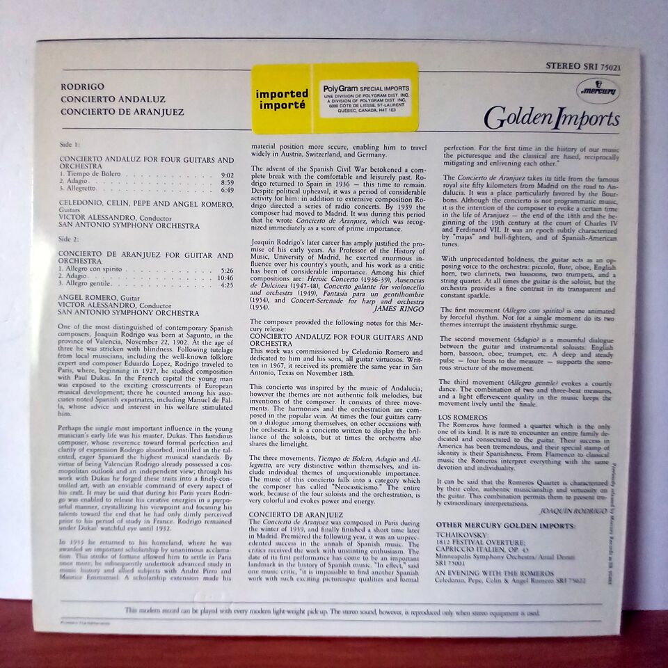 RODRIGO: CONCIERTO ANDALUZ/CONCIERTO DE ARANJUEZ / LOS ROMEROS, SAN ANTONIO SYMPHONY ORCHESTRA, VICTOR ALESSANDRO (1968) - LP 2.EL PLAK