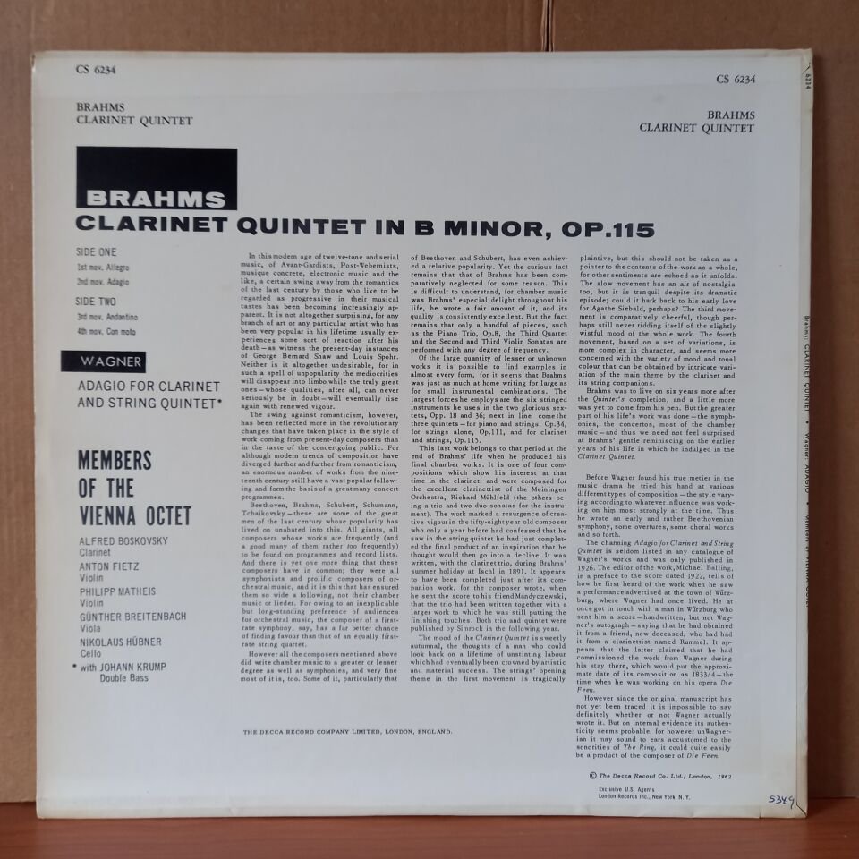 BRAHMS: CLARINET QUINTET, WAGNER: ADAGIO FOR CLARINET & STRING QUINTET / MEMBERS OF THE VIENNA OCTET (1962) - LP 2.EL PLAK
