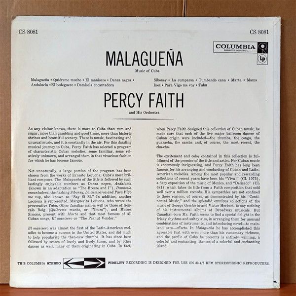 PERCY FAITH AND HIS ORCHESTRA – MALAGUENA [MUSIC OF CUBA] (1958) - LP 2.EL PLAK