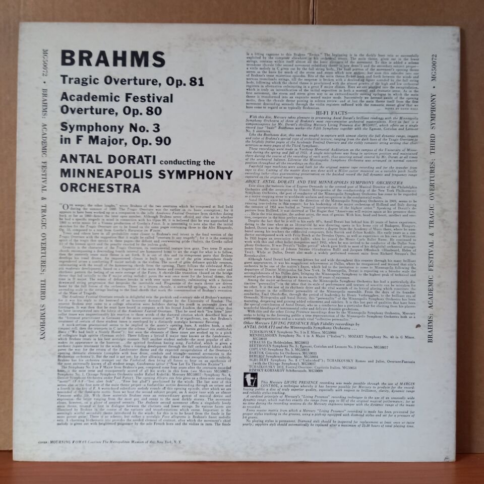 BRAHMS: TRAGIC OVERTURE, OP. 81 / ACADEMIC FESTIVAL OVERTURE, OP. 80 / SYMPHONY NO. 3 IN F MAJOR, OP. 90 / MINNEAPOLIS SYMPHONY ORCHESTRA, ANTAL DORATI (1956) - LP 2.EL PLAK
