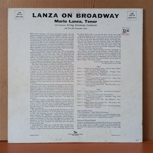 MARIO LANZA – LANZA ON B'WAY (1956) - LP 2. EL PLAK