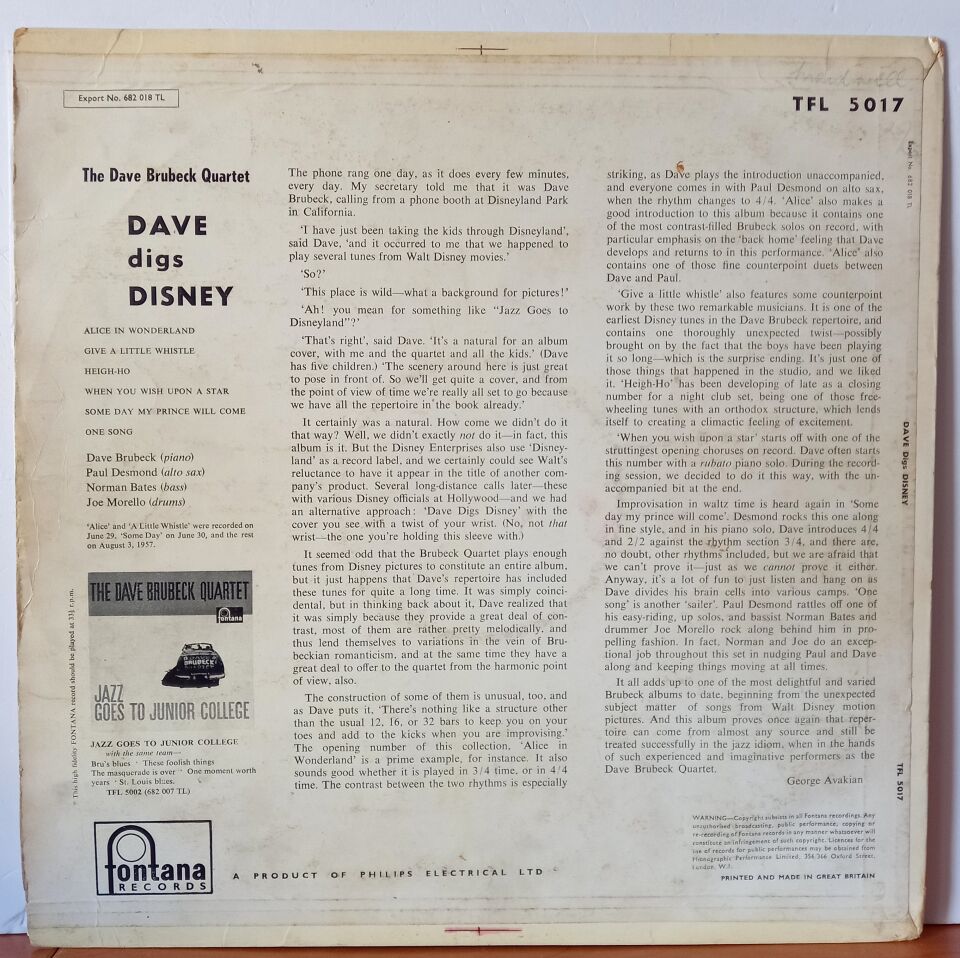 THE DAVE BRUBECK QUARTET – DAVE DIGS DISNEY (1958) - LP 2.EL PLAK