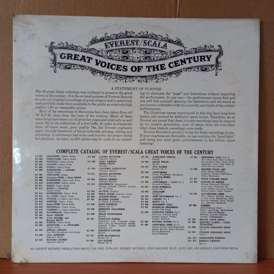 RICCARDO STRACCIARI – GREAT VOICES OF THE CENTURY / RICCARDO STRACCIARI SINGS MEYERBEER, DONIZETTI, ROSSINI, VERDI - LP DÖNEM BASKISI SIFIR PLAK