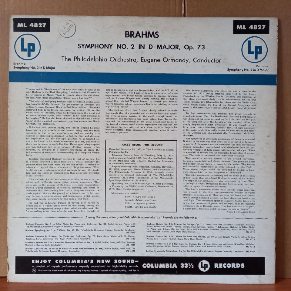 BRAHMS: SYMPHONY NO. 2 IN D MAJOR, OP. 73 / THE PHILADELPHIA ORCHESTRA, EUGENE ORMANDY (1954) - LP 2.EL PLAK