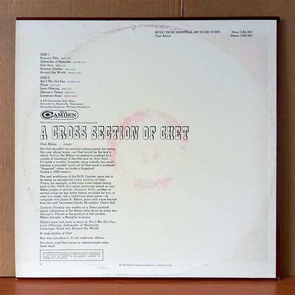 CHET ATKINS – MUSIC FROM NASHVILLE MY HOME TOWN (1966) - LP 2.EL PLAK