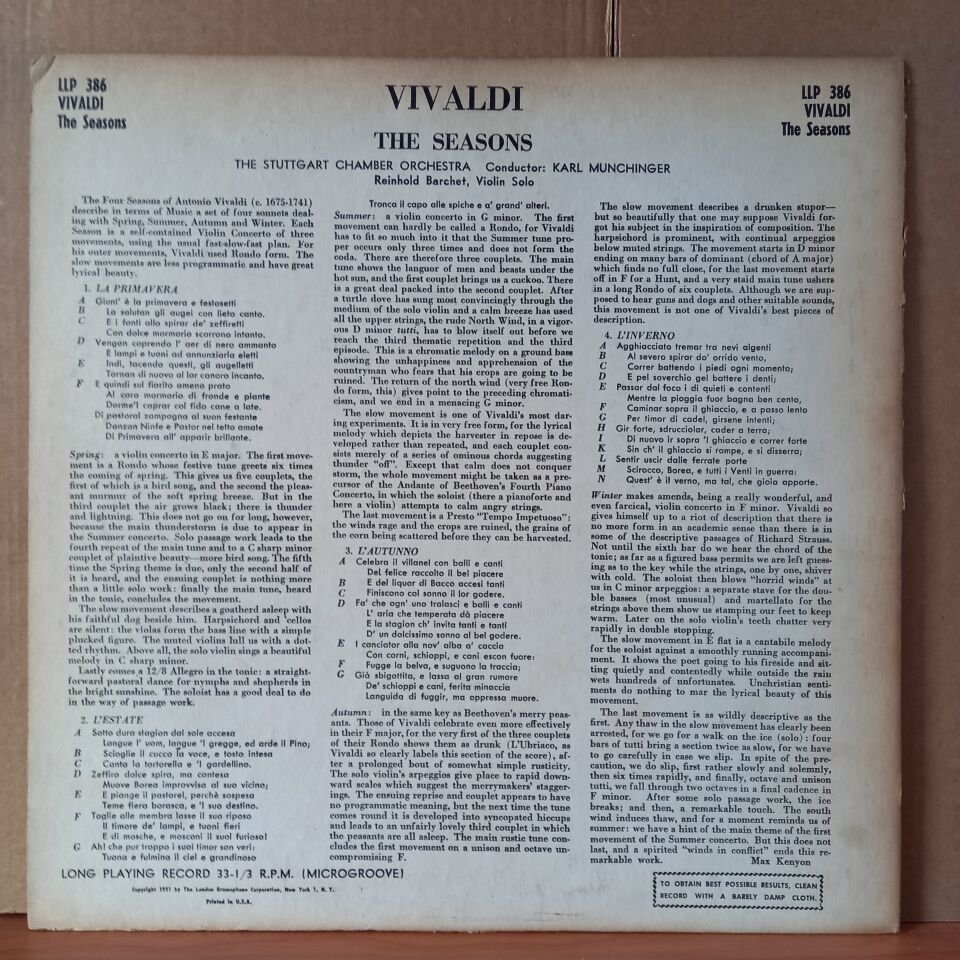 ANTONIO VIVALDI: THE SEASONS OP.8 / THE STUTTGART CHAMBER ORCHESTRA CONDUCTED BY KARL MÜNCHINGER, SOLO VIOLIN: REINHOLD BARCHET - LP 2.EL PLAK