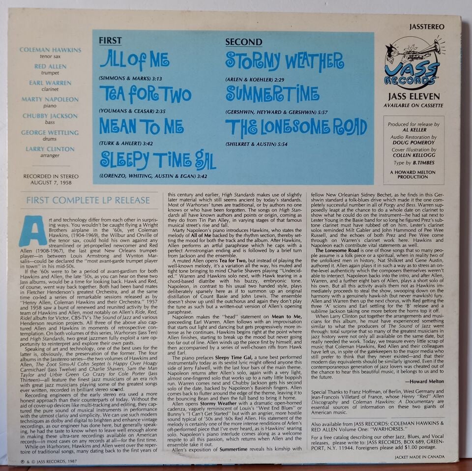 COLEMAN HAWKINS & RED ALLEN – VOLUME TWO: 'HIGH STANDARDS' (1987) - LP 2.EL PLAK