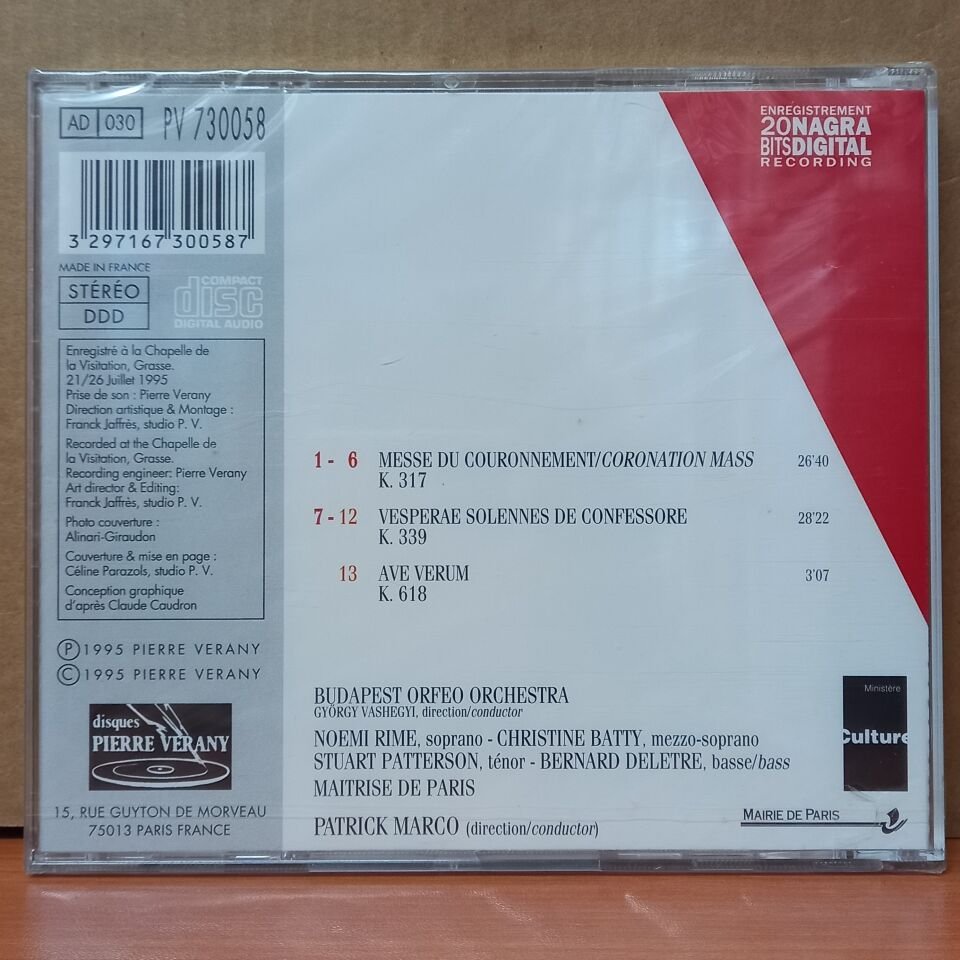 W. A. MOZART - CORONATION MASS / NOEMI RIME, CHRISTINE BATTY, STUART PATTERSON, BERNARD DELETRE, MAITRISE DE PARIS, BUDAPEST ORFEO ORCHESTRA, PATRICK MARCO (1995) - CD SIFIR