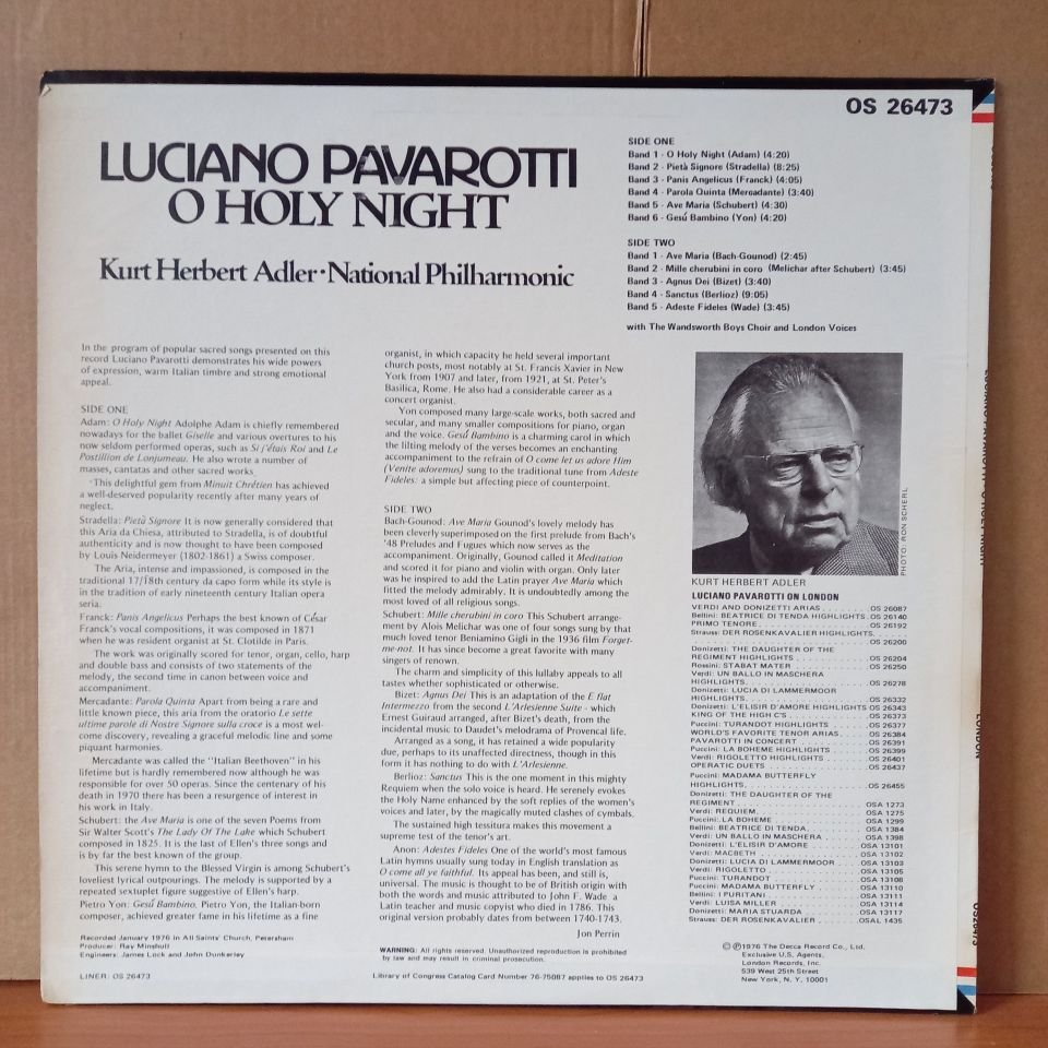 LUCIANO PAVAROTTI - O HOLY NIGHT / KURT HERBERT ADLER ● NATIONAL PHILHARMONIC (1976) - LP 2.EL PLAK