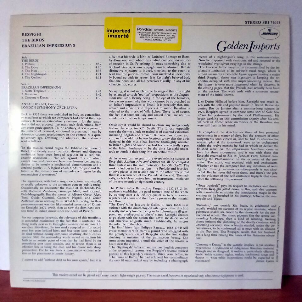 RESPIGHI: THE BIRDS / BRAZILIAN IMPRESSIONS / LONDON SYMPHONY ORCHESTRA, ANTAL DORATI (1959) - LP 2.EL PLAK
