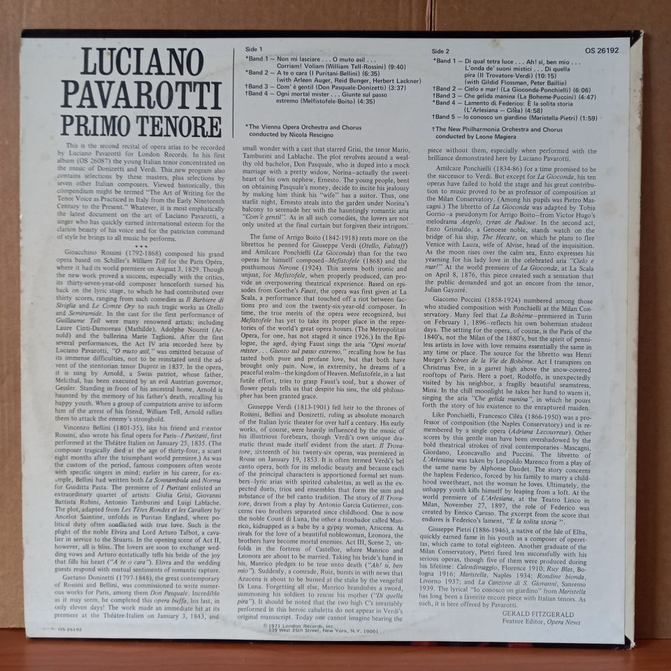 LUCIANO PAVAROTTI – PRIMO TENORE / ARIAS FROM ROSSINI, BELLINI, DONIZETTI, BOITO, VERDI, PUCCINI, CILEA (1971) - LP 2.EL PLAK