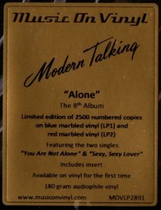 MODERN TALKING - ALONE (1999) 8th ALBUM - 2LP 2022 EDITION RENKLİ PLAK