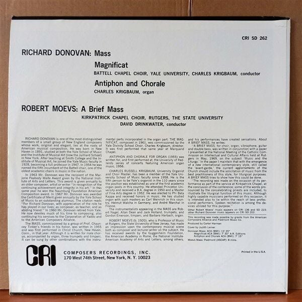 RICHARD DONOVAN / ROBERT MOEVS – MASS / MAGNIFICAT / ANTIPHON AND CHORALE / A BRIEF MASS (1970) - LP 2.EL PLAK