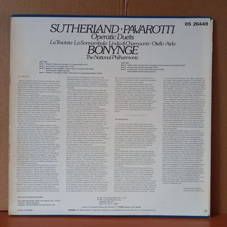 SUTHERLAND - PAVAROTTI OPERATIC DUETS / RICHARD BONYNGE, NATIONAL PHILHARMONIC ORCHESTRA (1977) - LP 2.EL PLAK