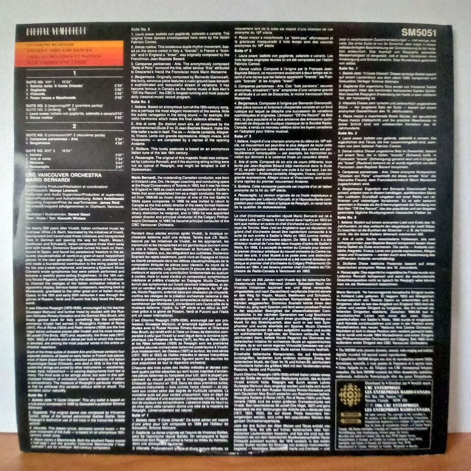OTTORINO RESPIGHI: ANCIENT AIRS AND DANCES / CBC VANCOUVER ORCHESTRA, MARIO BERNARDI (1986) - LP 2.EL PLAK
