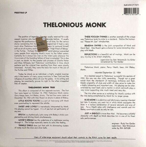 THELONIOUS MONK TRIO - THELONIOUS MONK TRIO (1956) LP 2014 REMASTERED REISSUE 180GR MONO SIFIR PLAK