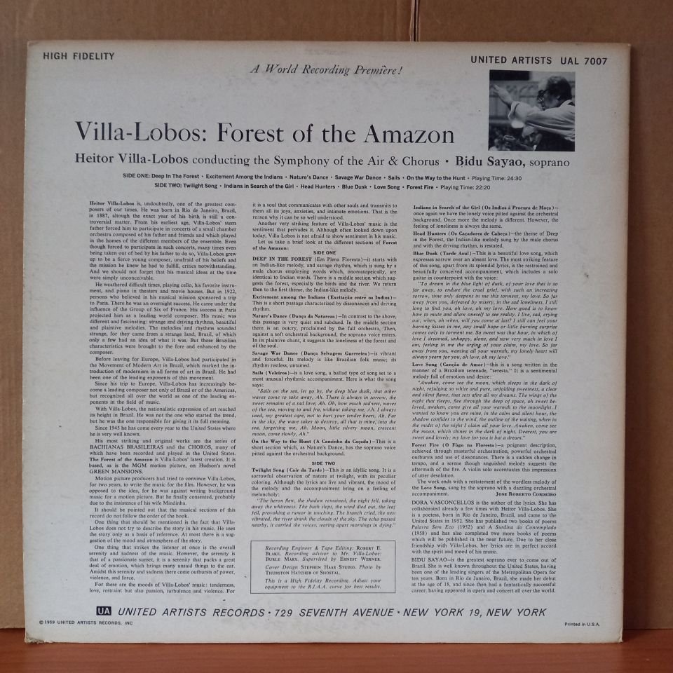VILLA-LOBOS: FORESTS OF THE AMAZON / SYMPHONY OF THE AIR AND CHORUS, BIDU SAYAO (1959) - LP 2.EL PLAK