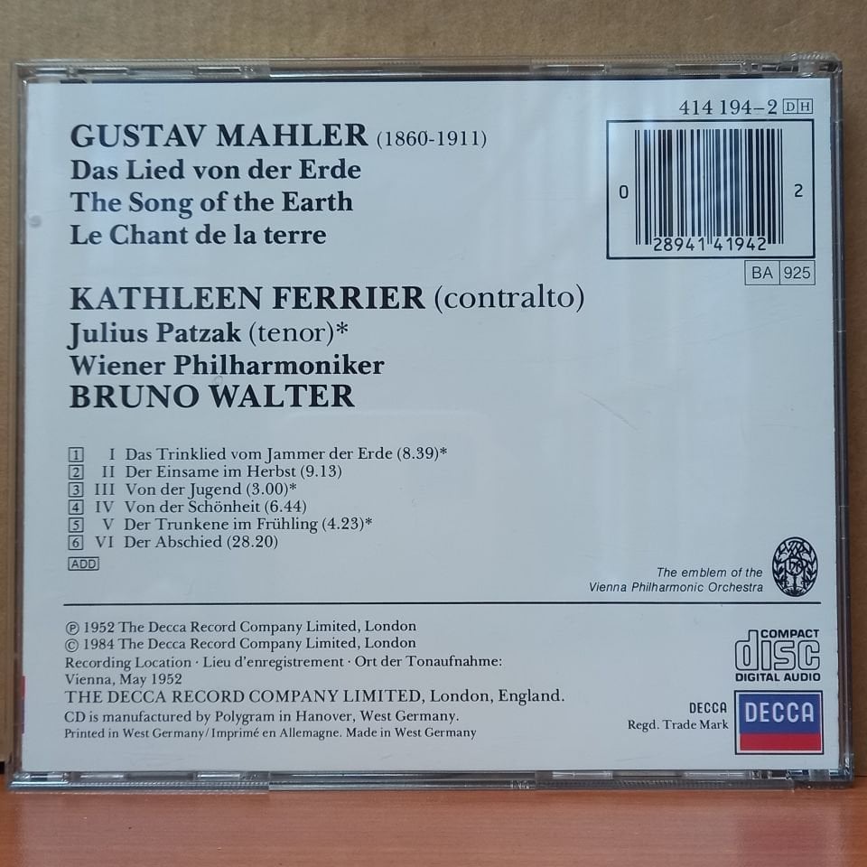 MAHLER, KATHLEEN FERRIER, BRUNO WALTER - DAS LIED VON DER ERDE / JULIUS PATZAK, WIENER PHILHARMONIKER (1984) - CD 2.EL