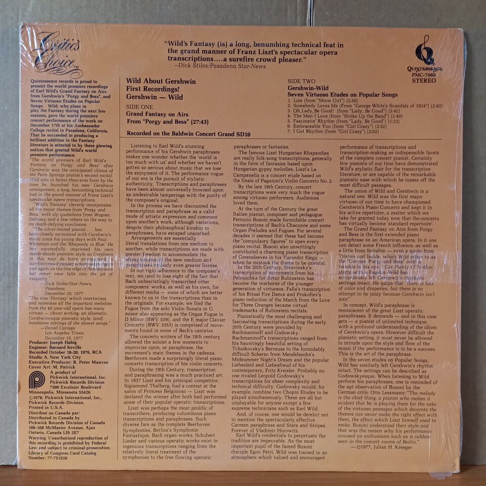 WILD ABOUT GERSHWIN [FIRST RECORDINGS!] / EARL WILD PLAYS HIS GRAND FANTASY AIRS FROM PORGY AND BEES AND SEVEN VIRTUOSO ETUDES ON POPULAR SONGS (1978) - LP DÖNEM BASKISI SIFIR PLAK