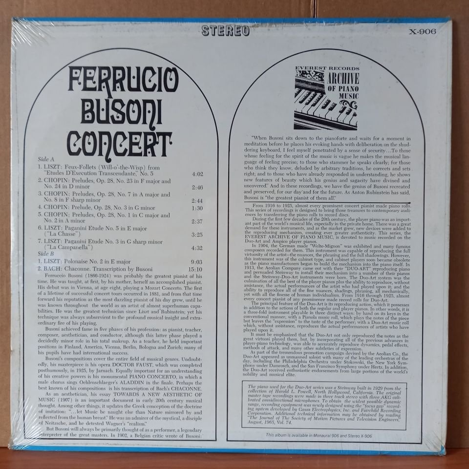 FERRUCCIO BUSONI CONCERT / CHOPIN, LISZT, BACH (1966) - LP DÖNEM BASKISI SIFIR PLAK