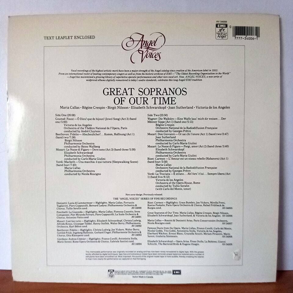 GREAT SOPRANOS OF OUR TIME / MARIA CALLAS, VICTORIA DE LOS ANGELES, BIRGIT NILSSON, REGINE CRESPIN, JOAN SUTHERLAND, ELISABETH SCHWARZKOPF (1963) - LP 2.EL PLAK