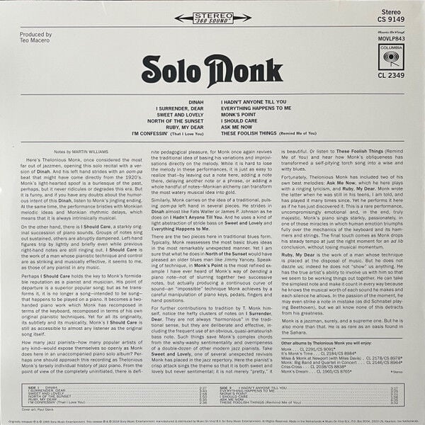 THELONIOUS MONK - SOLO MONK (1965) - LP 2014 REISSUE 180GR SIFIR PLAK