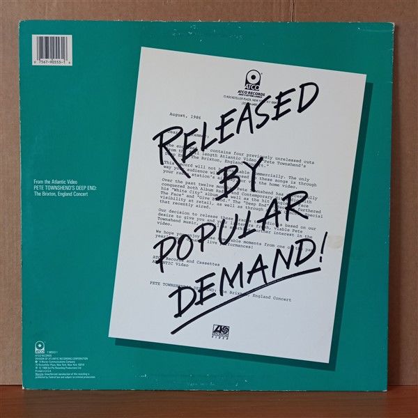 PETE TOWNSHEND – PETE TOWNSHEND'S DEEP END LIVE! (1986) - LP 2.EL PLAK