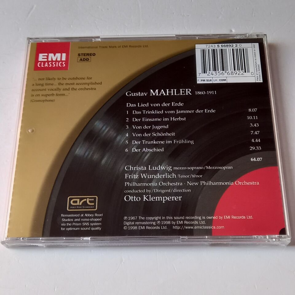 MAHLER: DAS LIED VON DER ERDE - OTTO KLEMPERER, PHILHARMONIA ORCHESTRA (1967) - CD REMASTERED 1998 REISSUE 2.EL