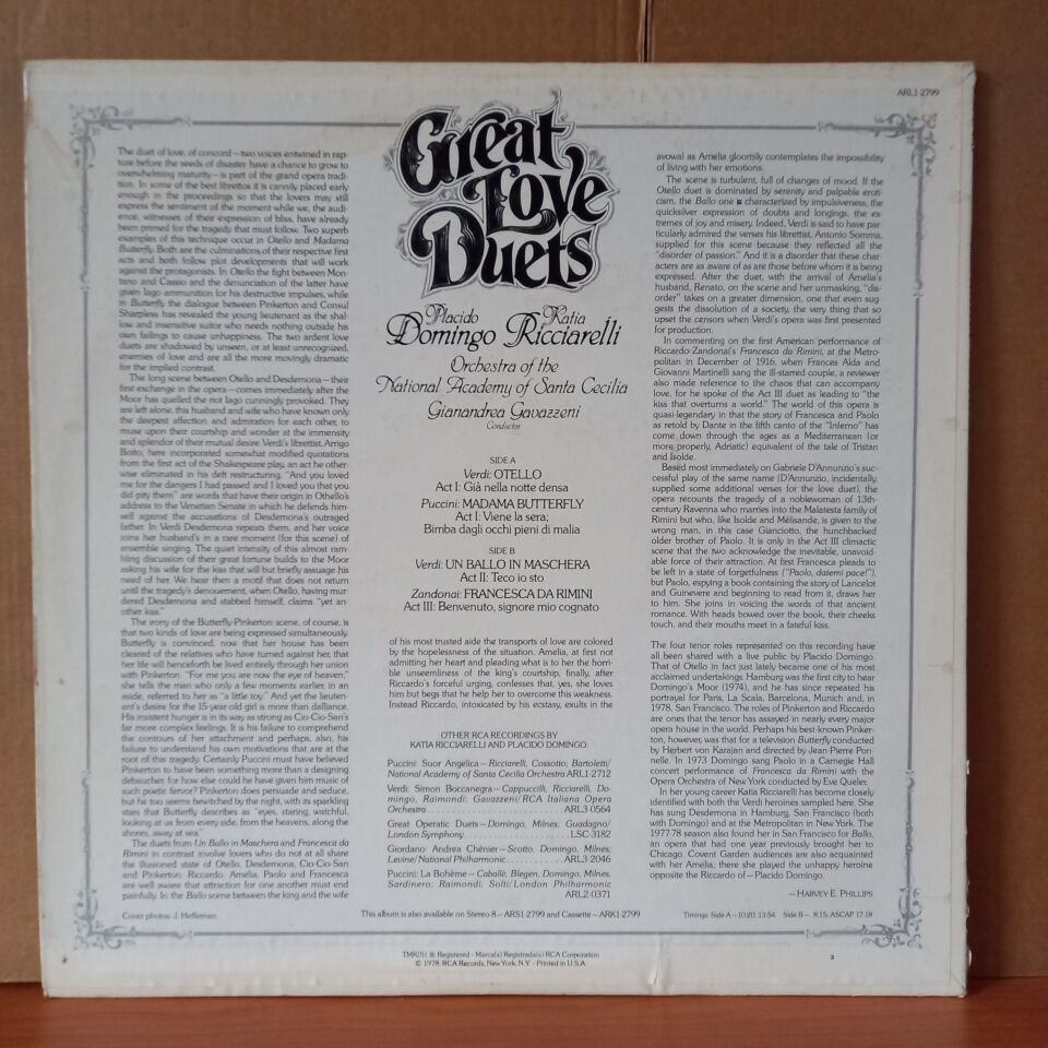 PLACIDO DOMINGO, KATIA RICCIARELLI - GREAT LOVE DUETS / ORCHESTRA DELL'ACCADEMIA NAZIONALE DI SANTA CECILIA, GIANANDREA GAVAZZENI, GIUSEPPE VERDI, GIACOMO PUCCINI, FRANCESCO ZANDONAI (1978) - LP 2.EL PLAK