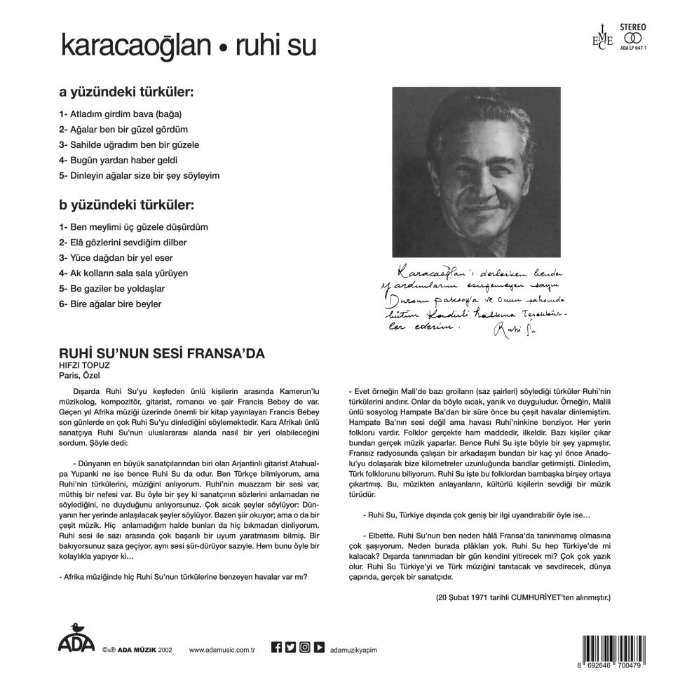 RUHİ SU - KARACAOĞLAN (1973) - LP 2022 BASIM SIFIR PLAK