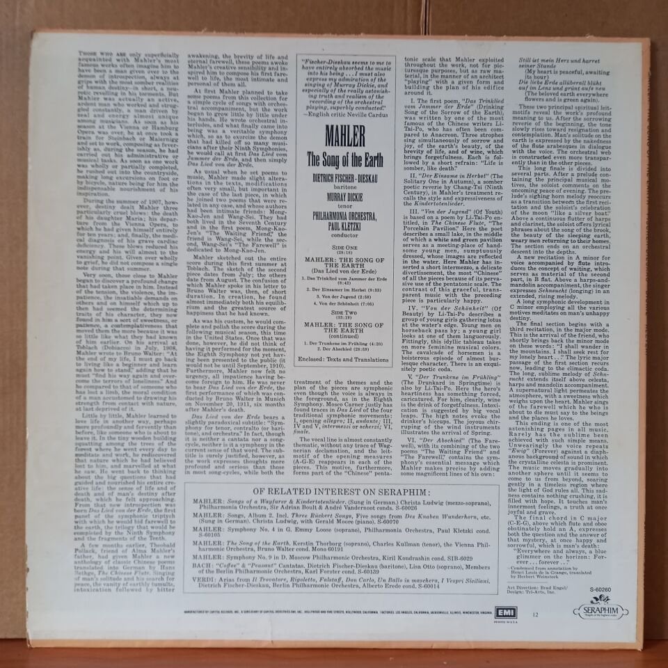 MAHLER: THE SONG OF THE EARTH / DIETRICH FISCHER-DIESKAU / MURRAY DICKIE / PHILHARMONIA ORCHESTRA / PAUL KLETZKI (1976) - LP 2.EL PLAK