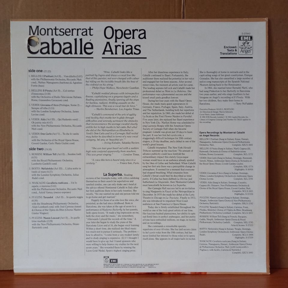 MONTSERRAT CABALLE – OPERA ARIAS / BELLINI, VERDI, ROSSINI, MASCAGNI, PUCCINI (1981) - LP 2.EL PLAK