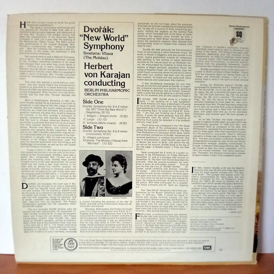 DVORAK: \'\'NEW WORLD\'\' SYMPHONY / SMETANA:  VLTAVA (THE MOLDAU) / HERBERT VON KARAJAN, BERLIN PHILHARMONIC ORCHESTRA (1977) - LP 2.EL PLAK