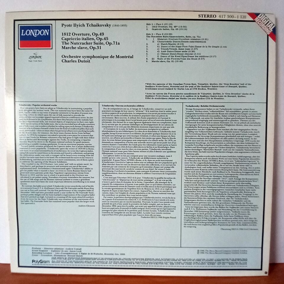 TCHAIKOVSKY: 1812 OVERTURE • CAPRICCIO ITALIEN • THE NUTCRACKER SUITE • MARCHE SLAVE / ORCHESTRE SYMPHONIQUE DE MONTREAL, CHARLES DUTOIT (1986) - LP 2.EL PLAK